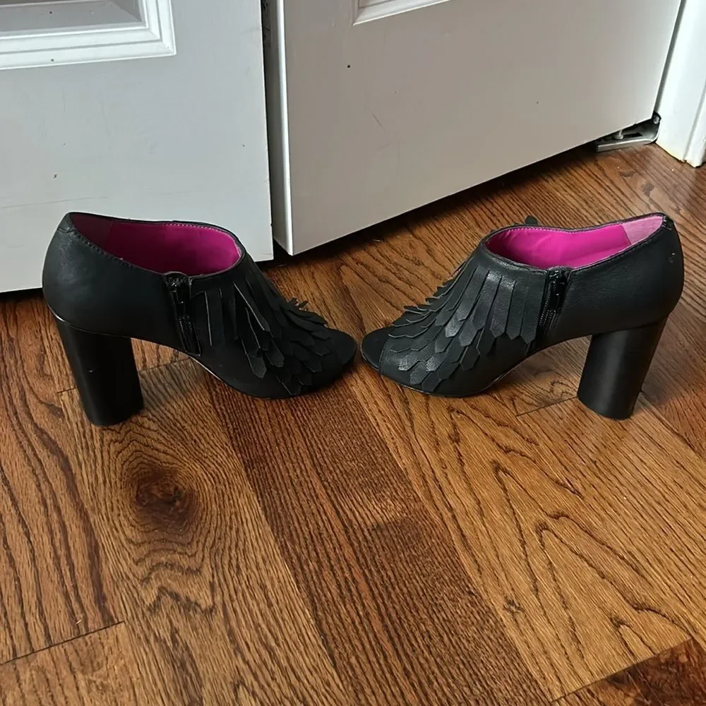 Trina Turk Black Fringe Peep-Toe Block Heel Shoes with Pink Lining
